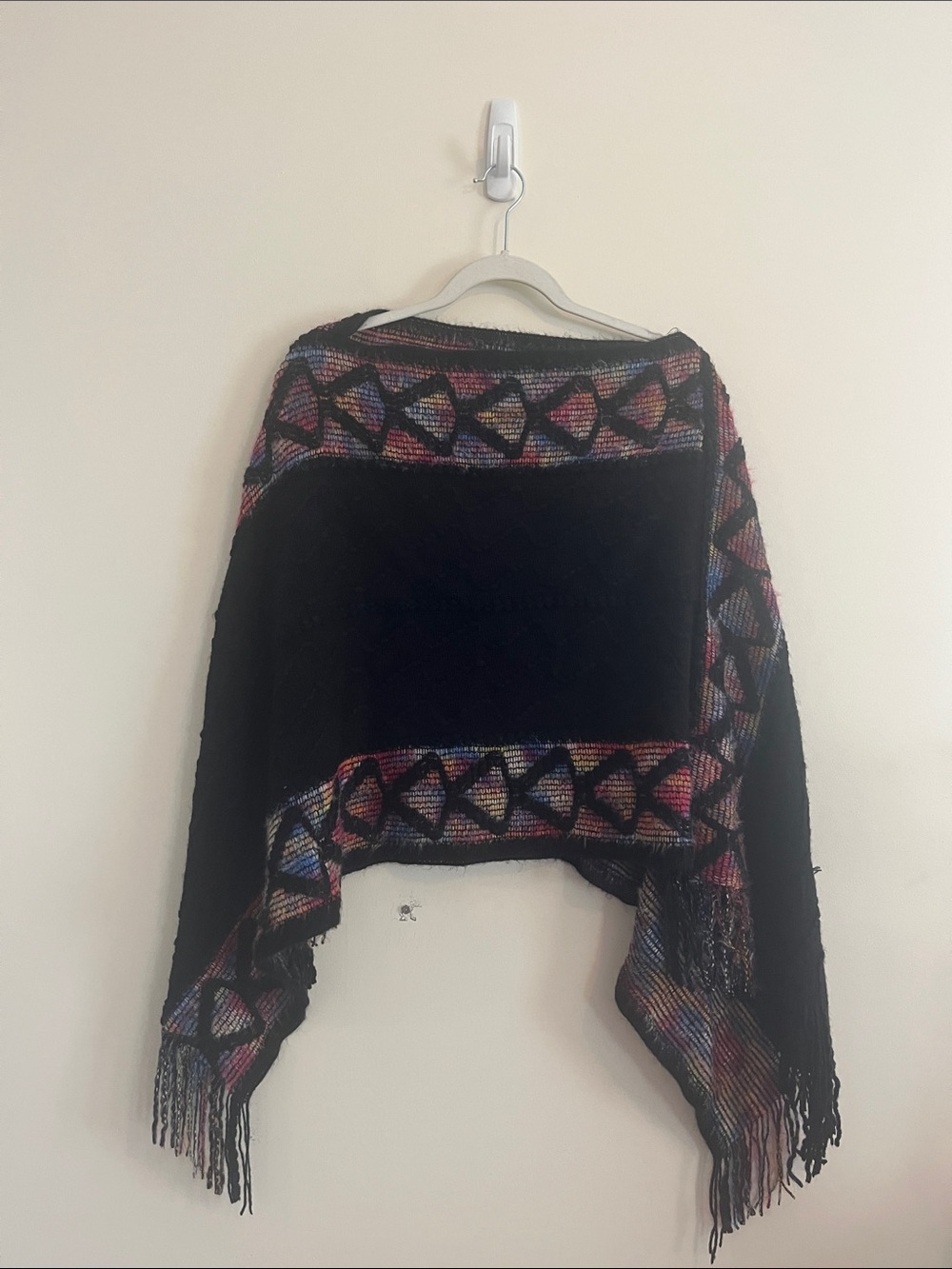 Vintage Whimsical Poncho Witchy Artsy Rainbow Black Fringe Metallic OS Geometric